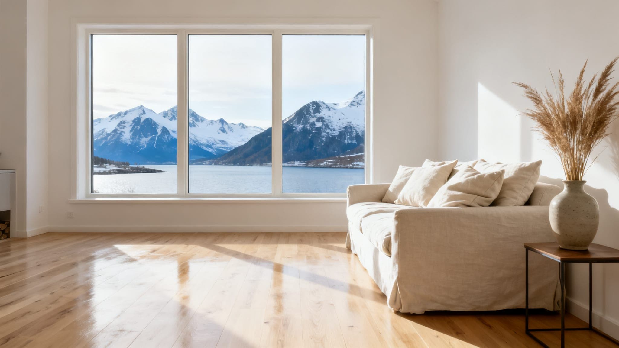 Et nyvasket nordisk hjem med varmt morgenlys